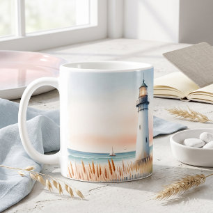 Seaside Lighthouse & Cottage Watercolor Scene Coffee Mug