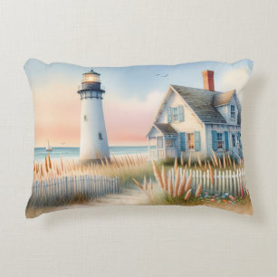 Seaside Lighthouse & Cottage Watercolor Scene Decorative Cushion