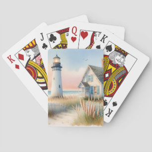 Seaside Lighthouse & Cottage Watercolor Scene Playing Cards