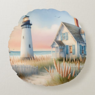 Seaside Lighthouse & Cottage Watercolor Scene Round Cushion