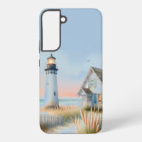 Seaside Lighthouse & Cottage Watercolor Scene