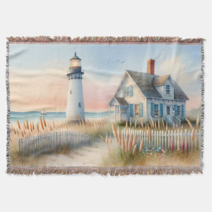 Seaside Lighthouse & Cottage Watercolor Scene Throw Blanket