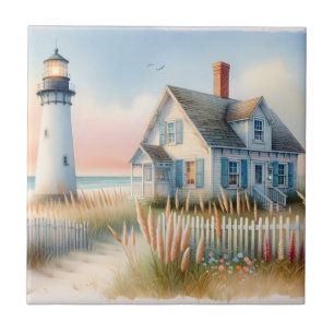 Seaside Lighthouse & Cottage Watercolor Scene Tile