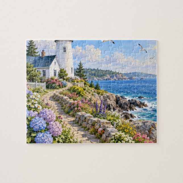 Seaside Lighthouse Hydrangea Coastal Garden Jigsaw Puzzle (Horizontal)