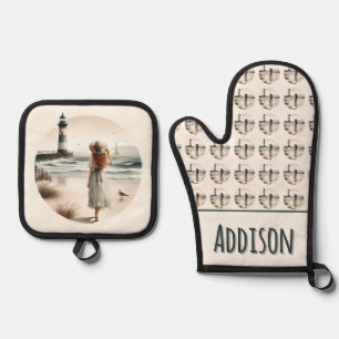 Seaside Lighthouse Stroll Oven Mitt & Pot Holder Set