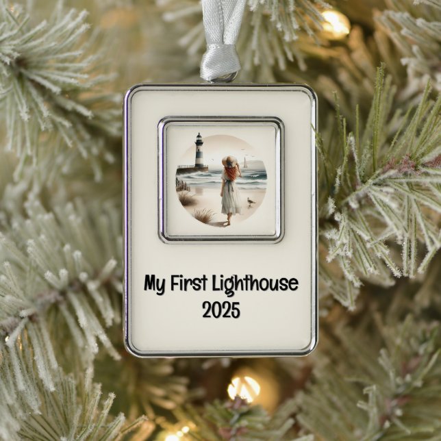 Seaside Lighthouse Stroll  Silver Plated Framed Ornament (Tree)