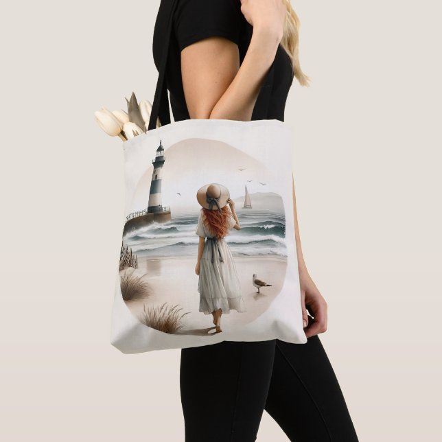 Seaside Lighthouse Stroll Tote Bag (Close Up)