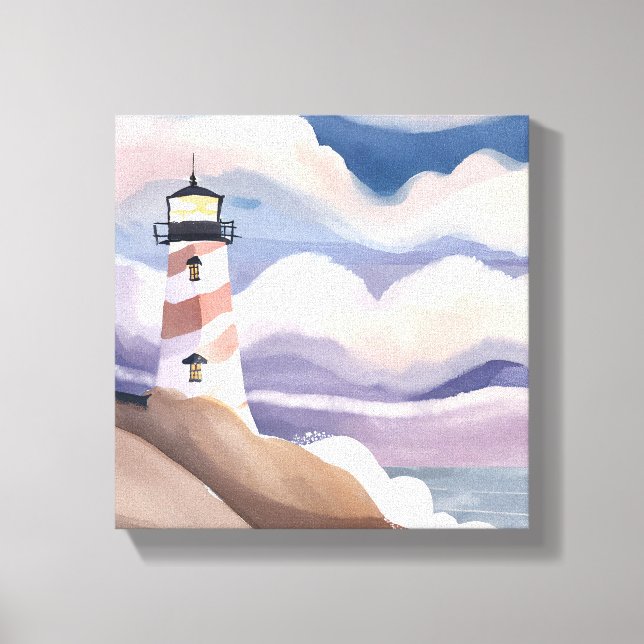 Seaside Lighthouse | Watercolor Ocean Painting Canvas Print (Front)