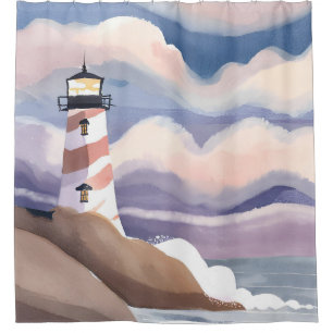 Seaside Lighthouse   Watercolor Ocean Painting Shower Curtain
