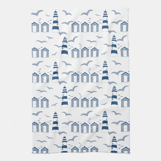 Seaside Scene Beach Huts and Lighthouses Tea Towel (Vertical)