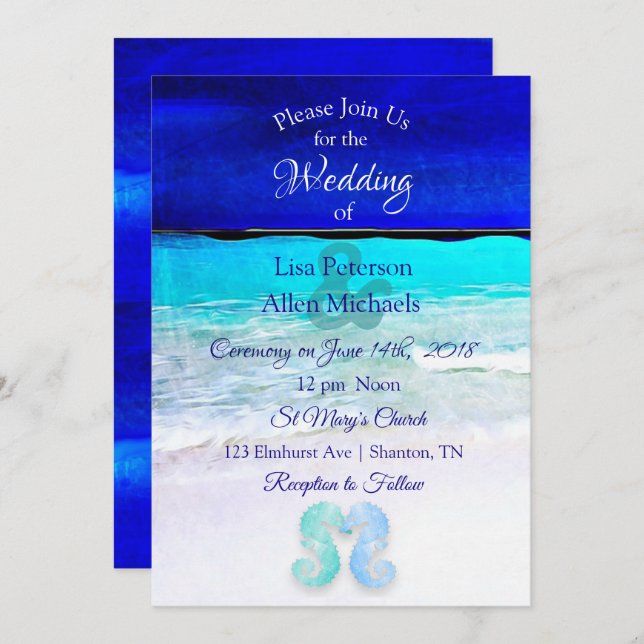 Seaside Seahorses Blue Beach Wedding invitations (Front/Back)