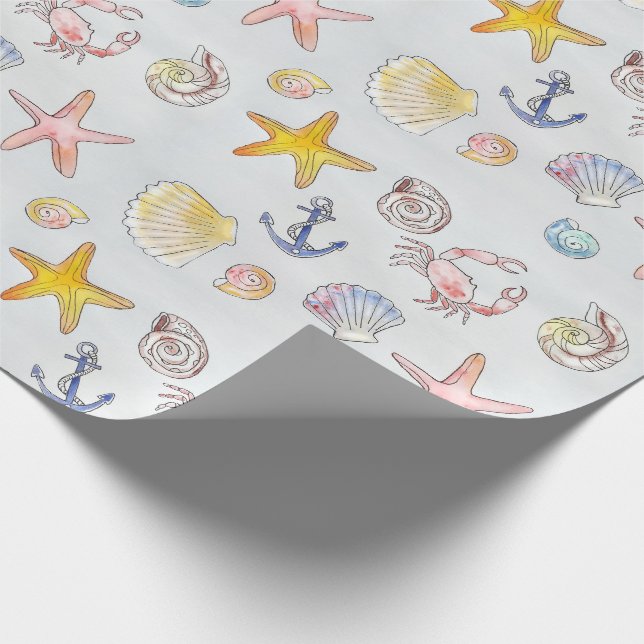 Seaside Seashells Starfish Watercolor Pattern Wrapping Paper (Corner)