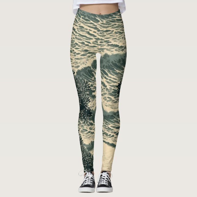 Seaside Serenity: Lino Cut Artwork Leggings (Front)