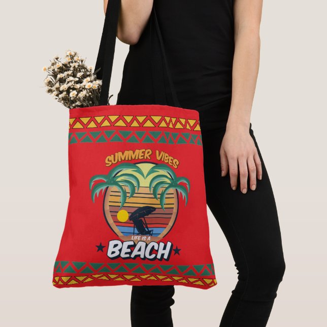 Seaside Serenity on Red Background Tote Bag (Close Up)