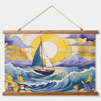 Seaside Serenity Sailboat Waves and Floral Hanging Tapestry