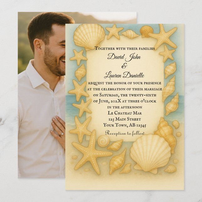 Seaside Shells Photo Wedding Invitation (Front/Back)