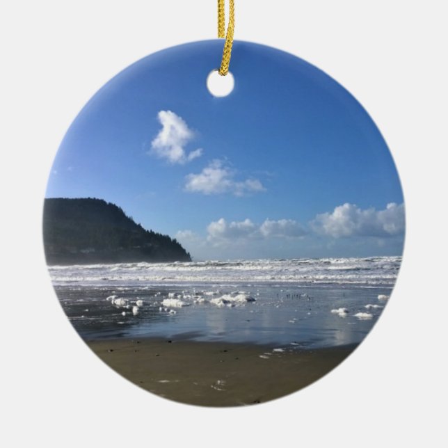 Seaside Shore in Winter Ceramic Tree Decoration (Front)