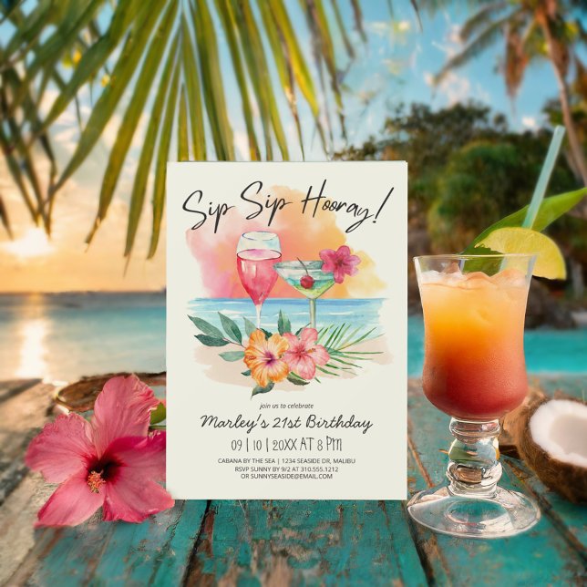 Seaside Sippin' | Tropical Sip Sip Hooray Birthday Invitation (Creator Uploaded)