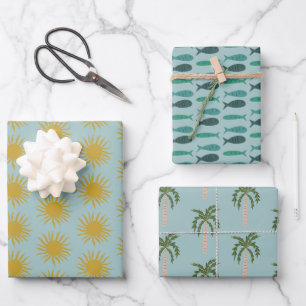 Seaside Soiree Palm trees Fishes Suns Cute CUSTOM Wrapping Paper Sheet