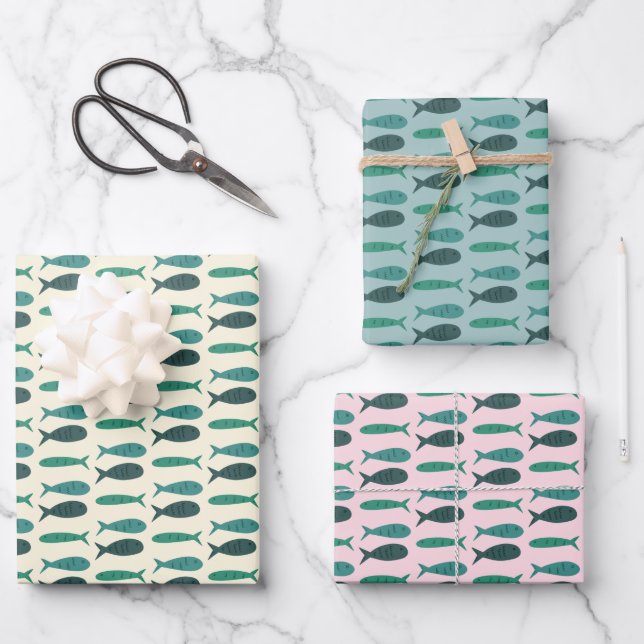 Seaside Soiree Three Fishes Modern Cute CUSTOM Wrapping Paper Sheet (Front)