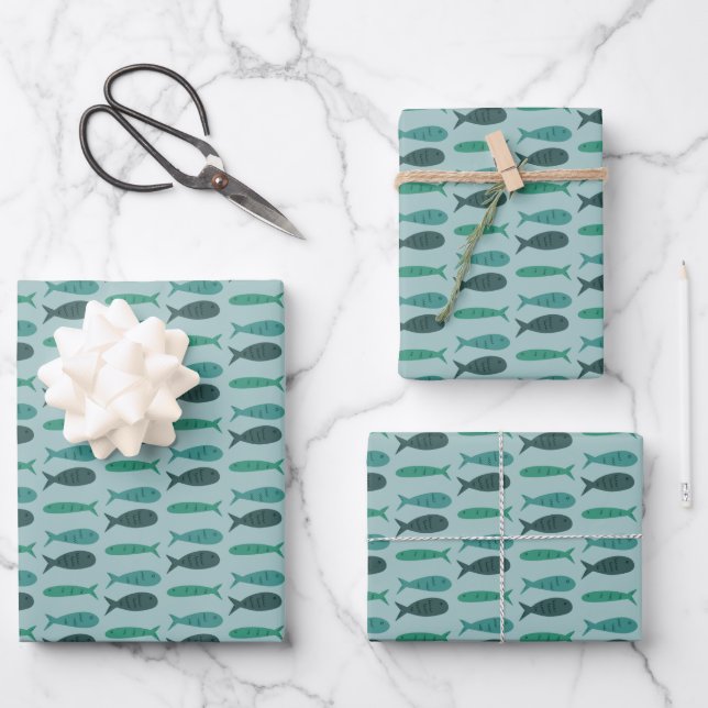 Seaside Soiree Three Fishes Modern Cute CUSTOM Wrapping Paper Sheet (Front)