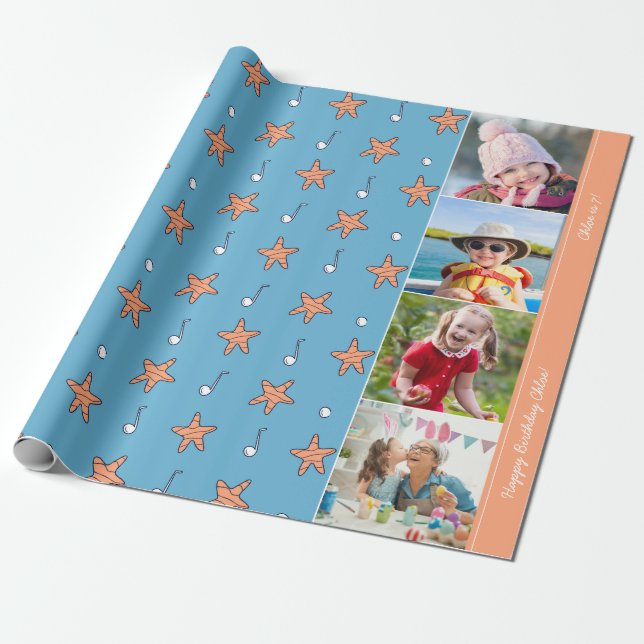 Seaside Stars and Music Notes Happy Birthday Photo Wrapping Paper (Unrolled)