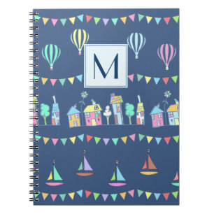 Seaside Town Sail Boats and Bunting Monogram Notebook