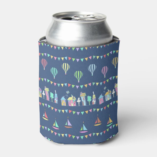 Seaside Town Sail Boats and Bunting Pattern Blue Can Cooler (Can Front)