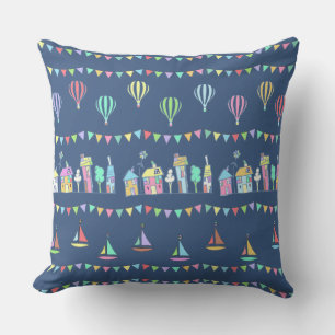 Seaside Town Sail Boats and Bunting Pattern Blue Cushion