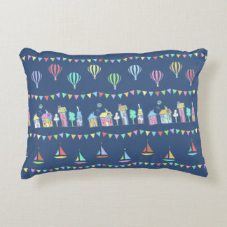 Seaside Town Sail Boats and Bunting Pattern Blue Decorative Cushion