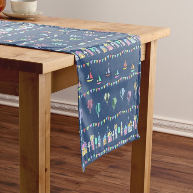 Seaside Town Sail Boats and Bunting Pattern Blue Short Table Runner (In Situ)