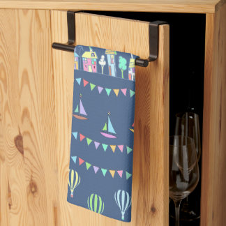 Seaside Town Sail Boats and Bunting Pattern Blue Tea Towel