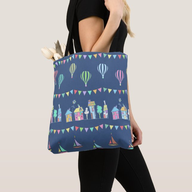 Seaside Town Sail Boats and Bunting Pattern Blue Tote Bag (Close Up)