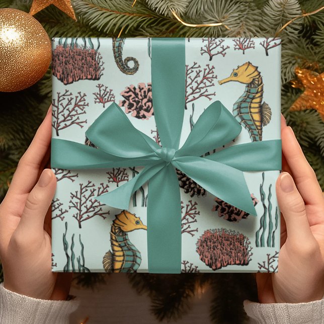 Seaside Treasures Seahorse & Coral Nautical  Wrapping Paper (Beautiful Hand-drawn Seahorse & Red Corals Pattern. Teal & Gold Seahorses. Light Mint Background.)