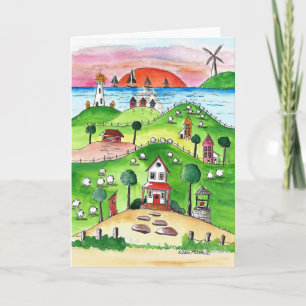 Seaside, Village, Coastal, Folk Art Print Card
