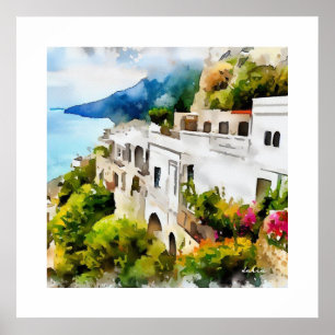 SEASIDE VILLAGE GREEK ARCHITECTURE WATERCOLOR POSTER
