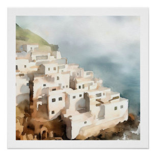 SEASIDE VILLAGE OLD WORLD ARCHITECTURE WATERCOLOR POSTER