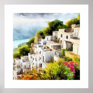 SEASIDE VILLAGE OLD WORLD ARCHITECTURE WATERCOLOR POSTER
