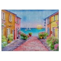 Seaside Village Sunset Watercolor