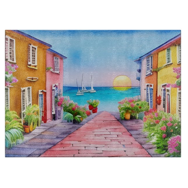 Seaside Village Sunset Watercolor   Cutting Board (Front)