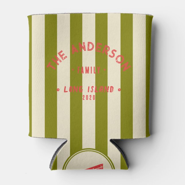Seaside Warm Olive Striping & Family Name Can Cooler (Front)