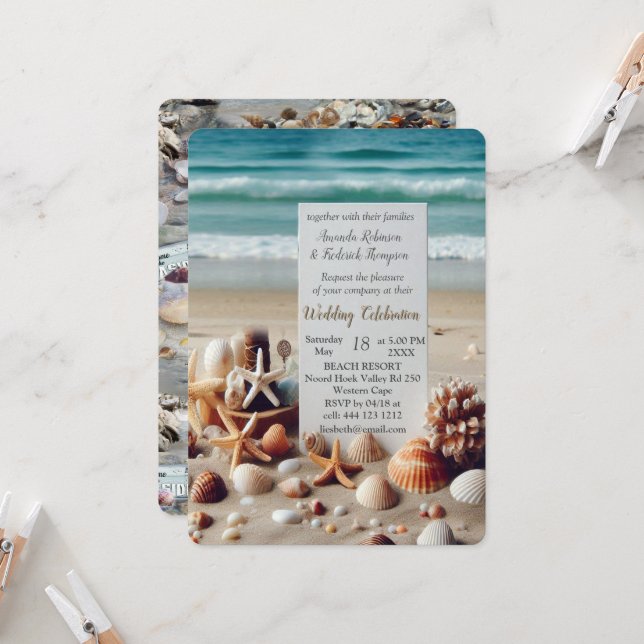 Seaside Wedding Celebrations on the Beach Invitation (Front/Back In Situ)