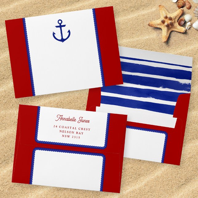 Seaside Wedding Red Blue Watercolor Rope  Envelope (Mockup of front, back and inside of envelope)