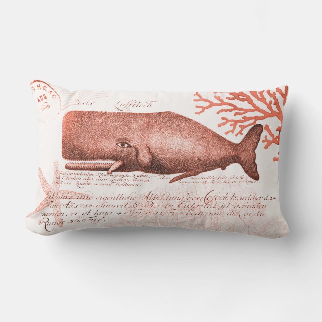 Seaside Whale Collage in Coral Orange Outdoor Cushion (Front)
