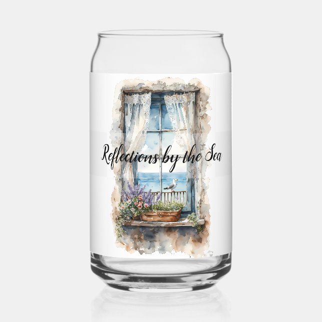 Seaside Window View Watercolor Coastal Scene Can Glass (Front)