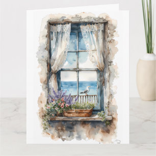 Seaside Window View Watercolor Coastal Scene Card