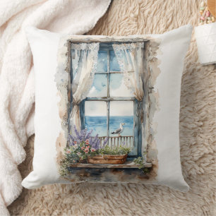 Seaside Window View Watercolor Coastal Scene Cushion