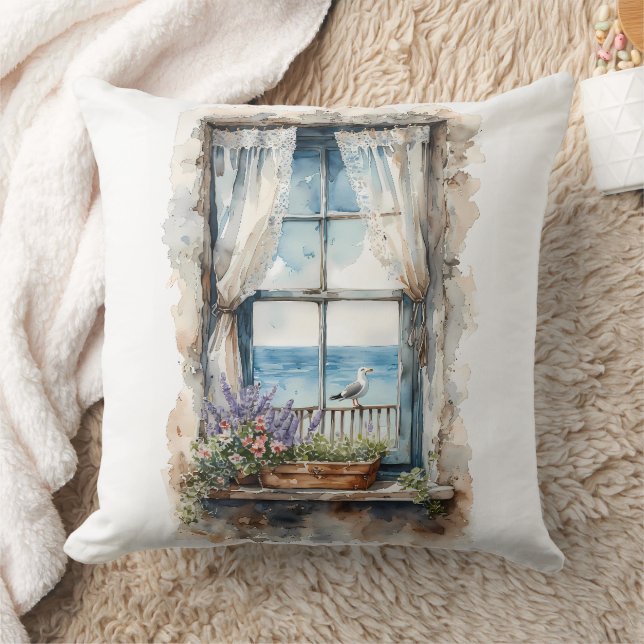 Seaside Window View Watercolor Coastal Scene Cushion (Blanket)