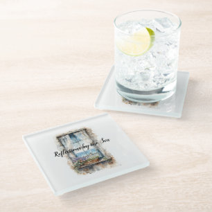 Seaside Window View Watercolor Coastal Scene Glass Coaster