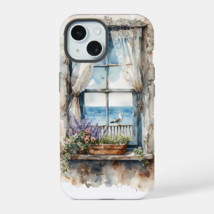 Seaside Window View Watercolor Coastal Scene iPhone 15 Case